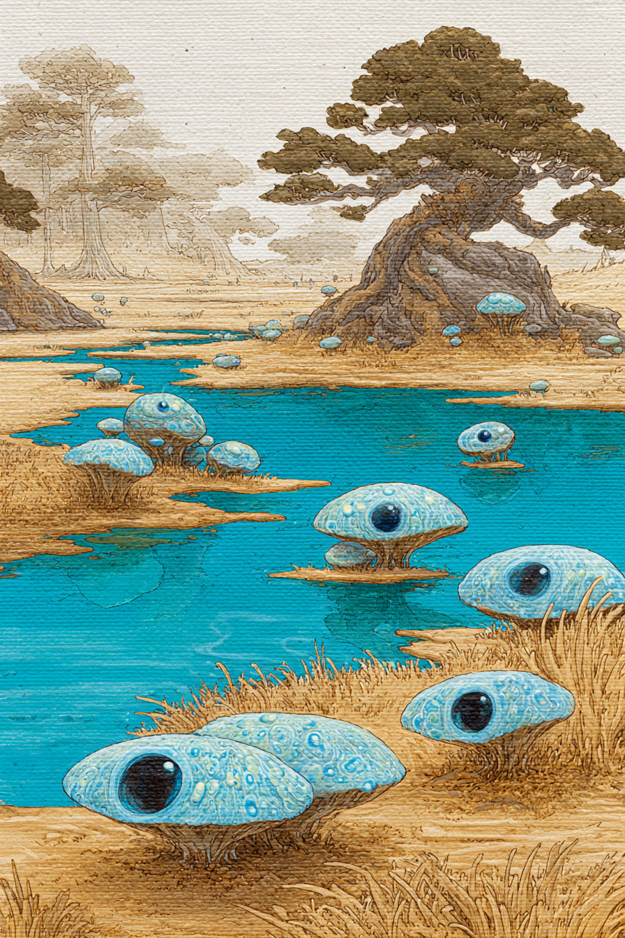 Fantastisch Surreal Surreale Blaupilzwesen Mit Grossen Schwarzen Augen Am Wasser | Fantastisch und Surreal | Stilrichtungen