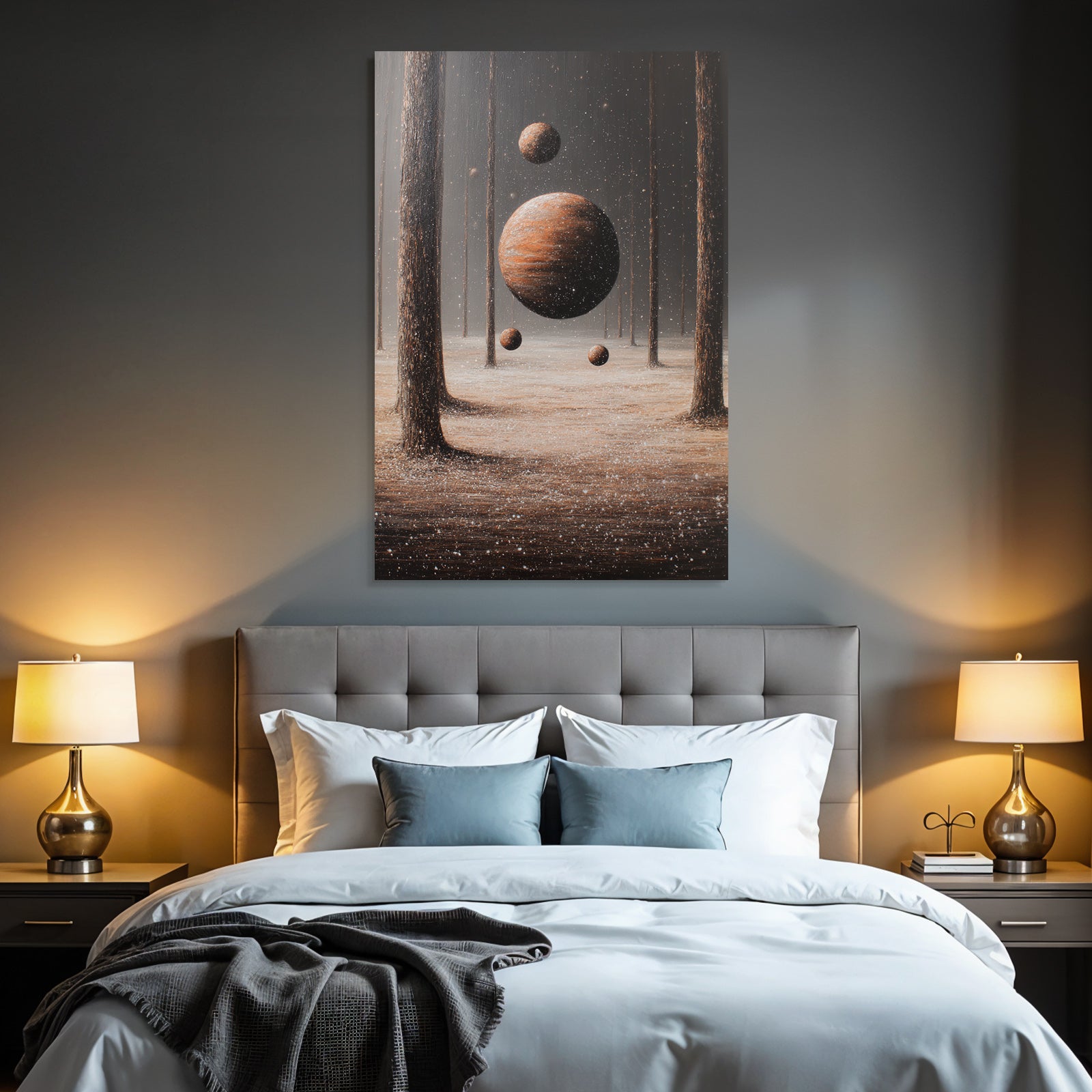 Fantastisch Surreal Surreale Waldszenerie Mit Schwebenden Planeten Im Nachtwald