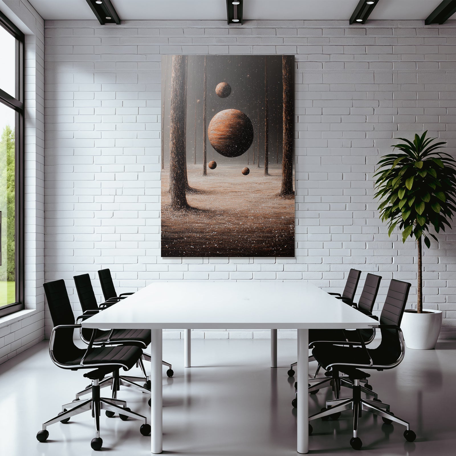 Fantastisch Surreal Surreale Waldszenerie Mit Schwebenden Planeten Im Nachtwald