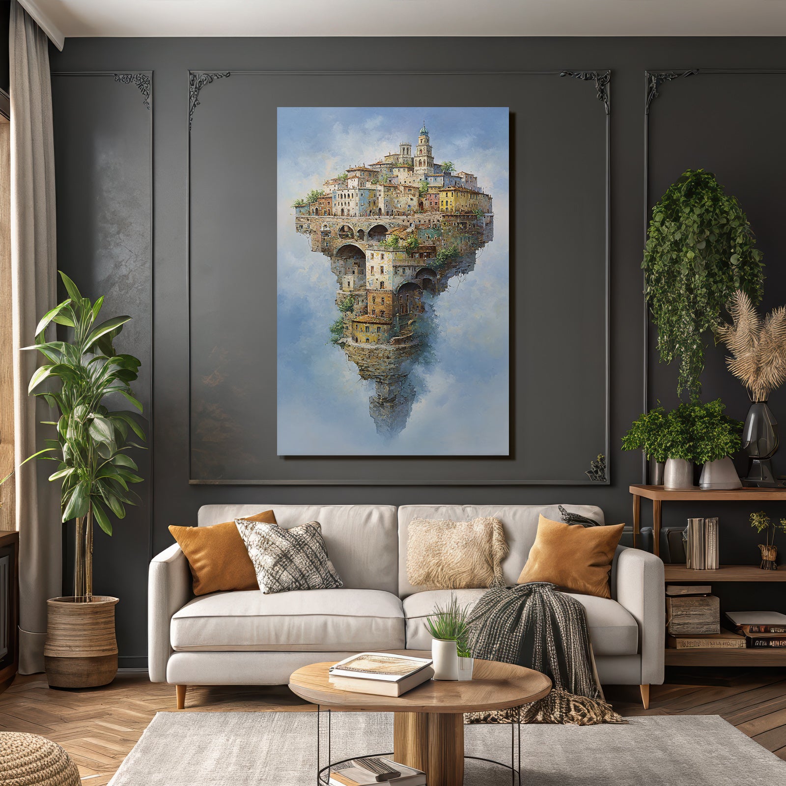 Fantastisch Surreal Traumhafte Schwebende Stadt Im Wolkenhimmel
