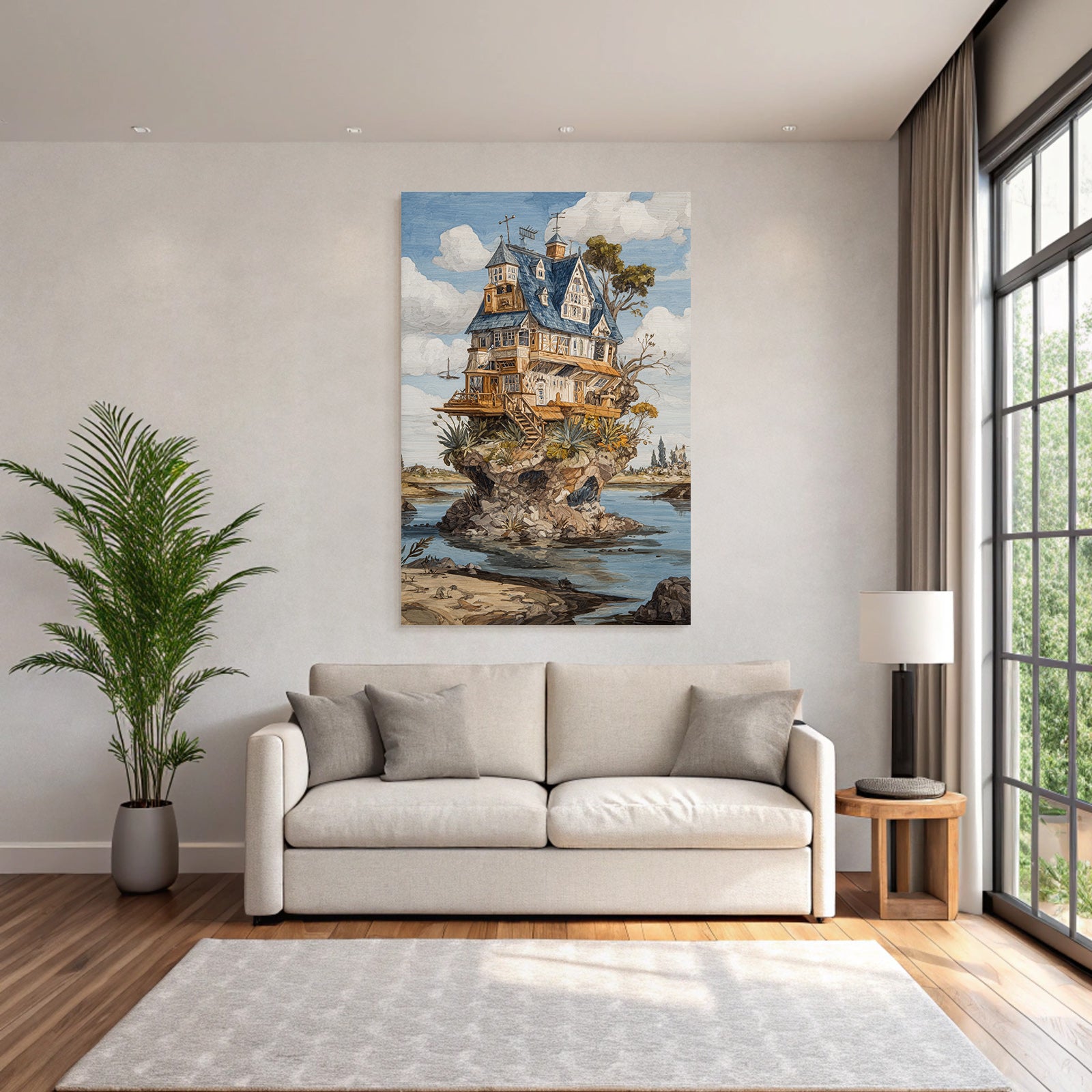 Fantastisch Surreal Vertraeumtes Haus Auf Felsinsel Im Wasser