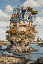 Fantastisch Surreal Vertraeumtes Haus Auf Felsinsel Im Wasser | Fantastisch und Surreal | Stilrichtungen