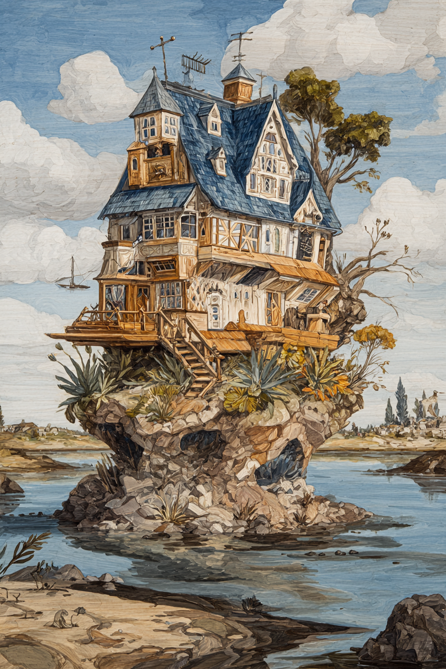 Fantastisch Surreal Vertraeumtes Haus Auf Felsinsel Im Wasser | Fantastisch und Surreal | Stilrichtungen