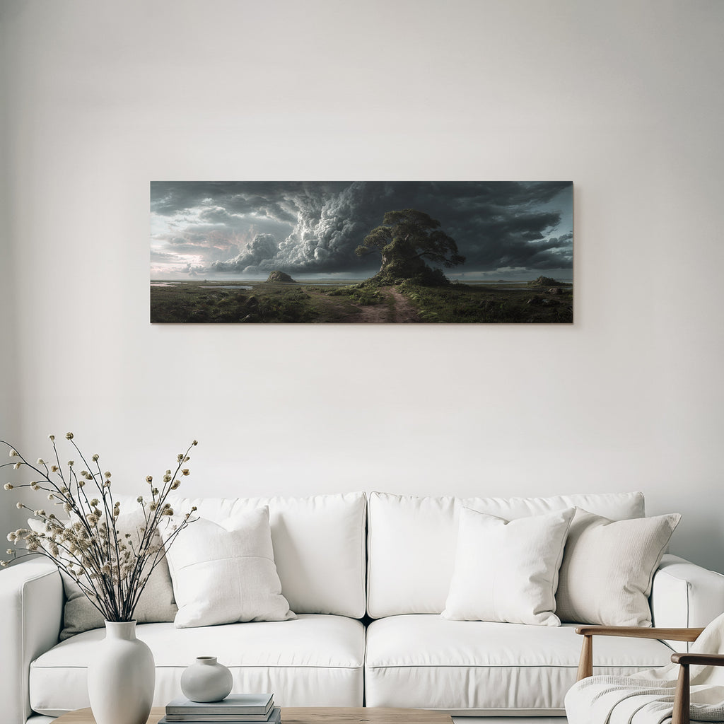 Fantastisch Surreal Dramatische Landschaft Mit Knorrigem Baum Am Moorpfad