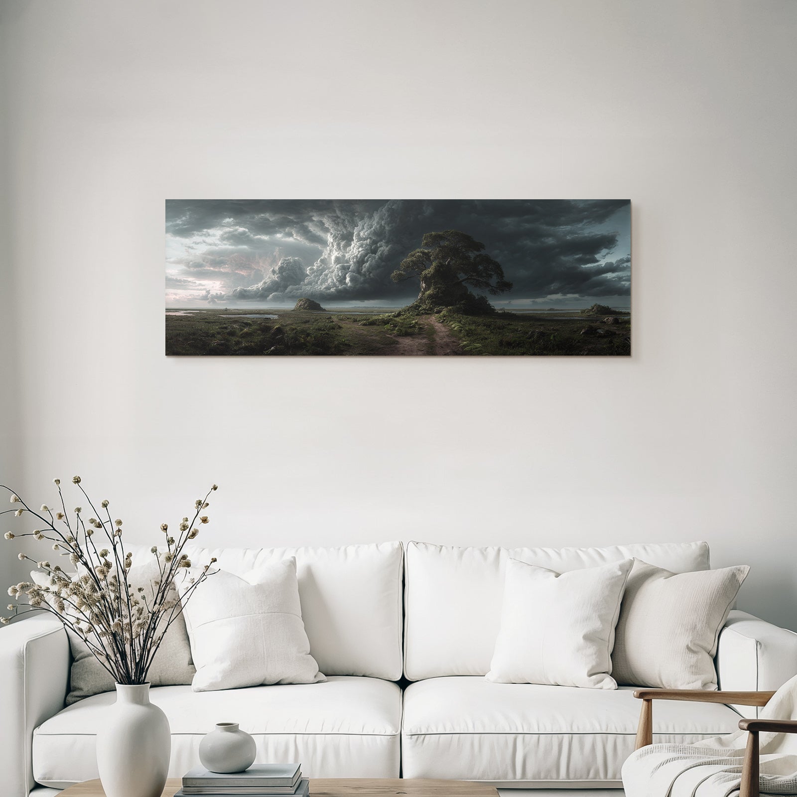 Fantastisch Surreal Dramatische Landschaft Mit Knorrigem Baum Am Moorpfad