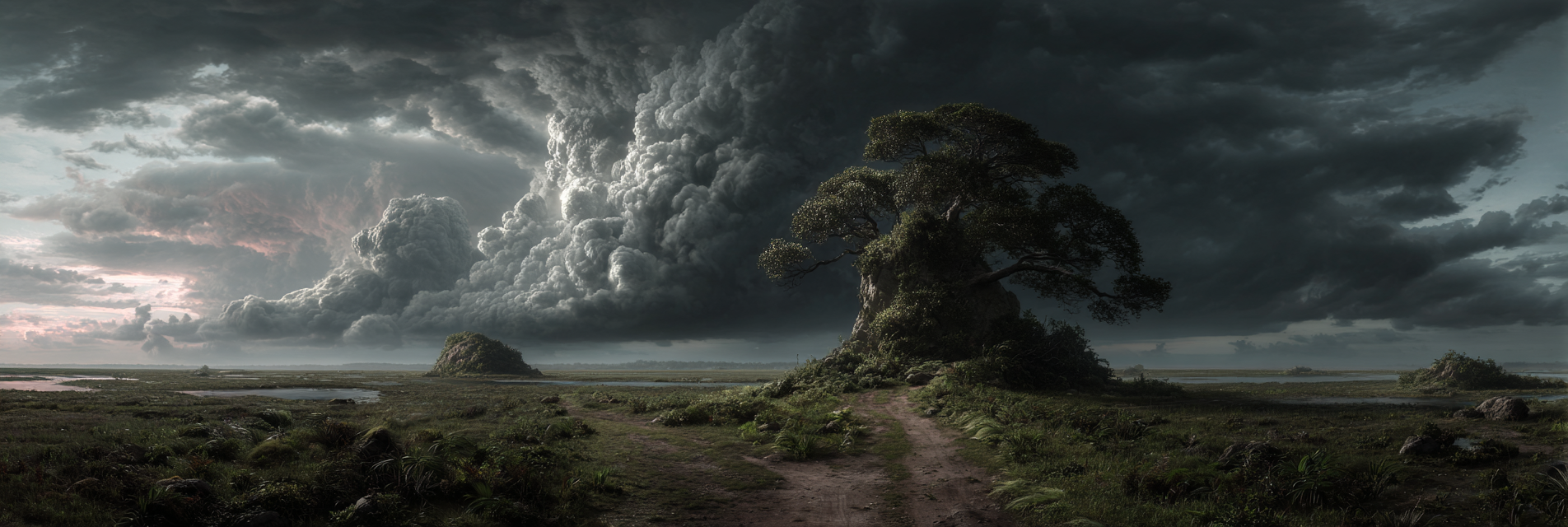 Fantastisch Surreal Dramatische Landschaft Mit Knorrigem Baum Am Moorpfad | Fantastisch und Surreal | Stilrichtungen