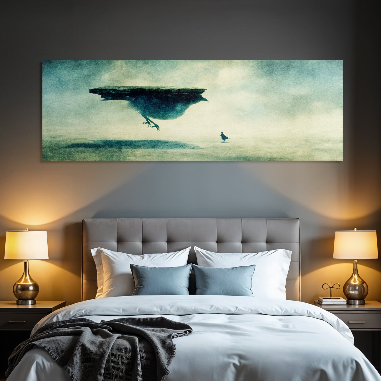 Fantastisch Surreal Einsame Figur Unter Mystischem Vogel