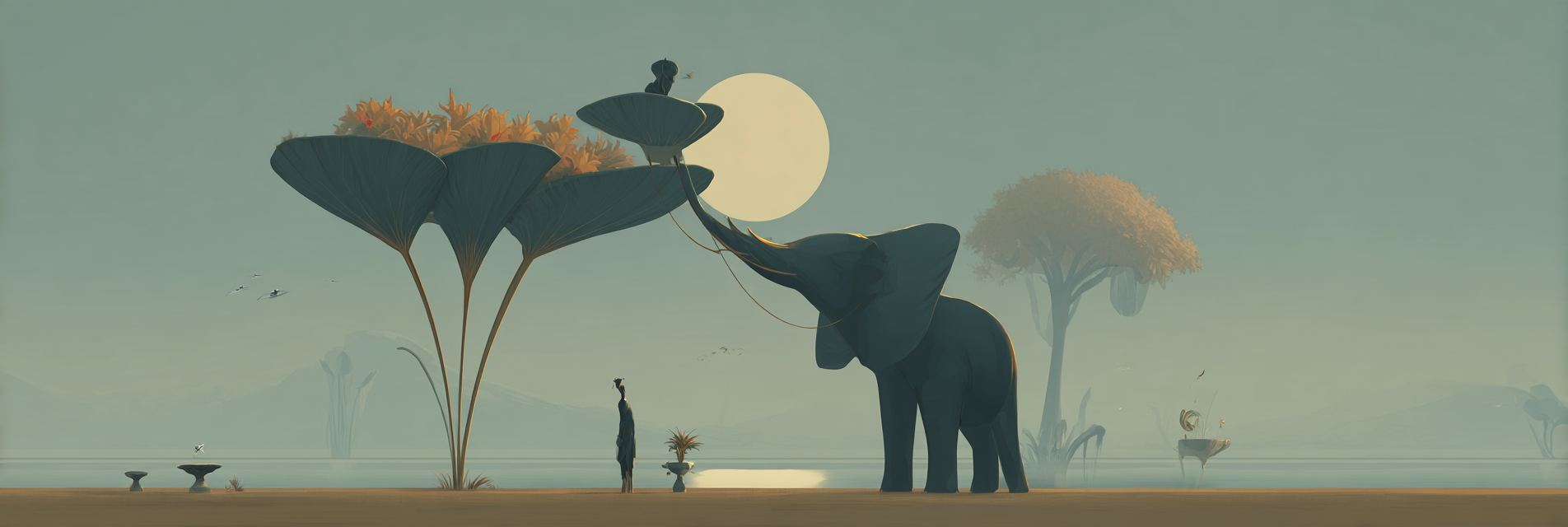 Fantastisch Surreal Elefant Und Figur Unter Zauberhaftem Mondschein | Fantastisch und Surreal | Stilrichtungen