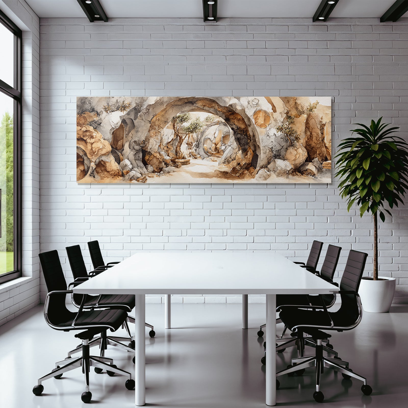 Fantastisch Surreal Felsgrottenlandschaft Im Aquarell Mit Archen Und Baeumen