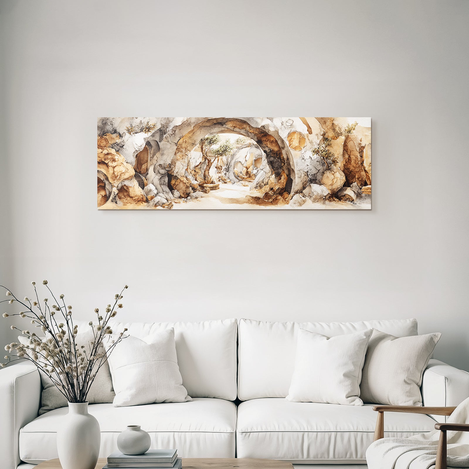 Fantastisch Surreal Felsgrottenlandschaft Im Aquarell Mit Archen Und Baeumen