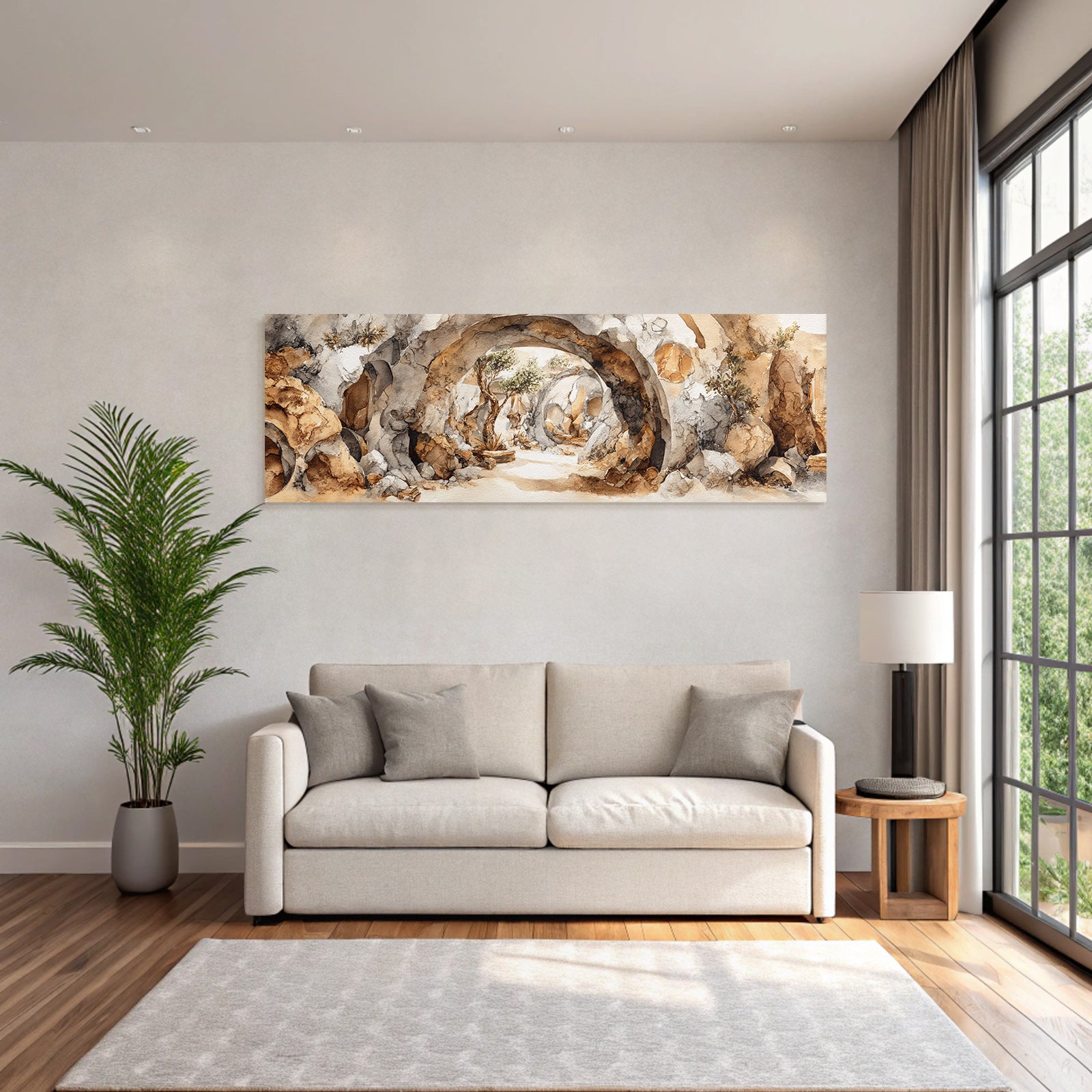 Fantastisch Surreal Felsgrottenlandschaft Im Aquarell Mit Archen Und Baeumen