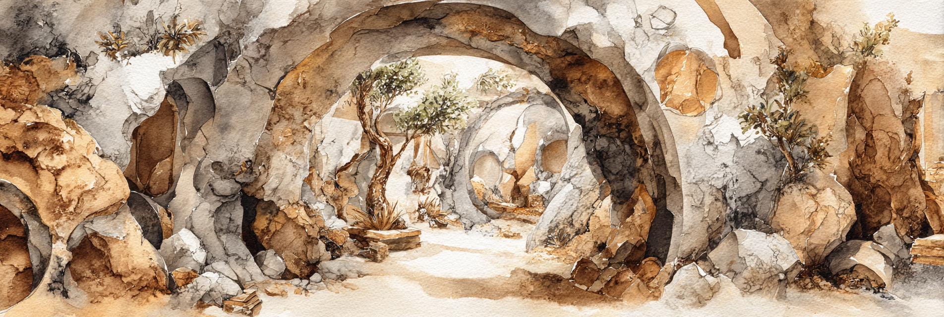 Fantastisch Surreal Felsgrottenlandschaft Im Aquarell Mit Archen Und Baeumen | Fantastisch und Surreal | Stilrichtungen
