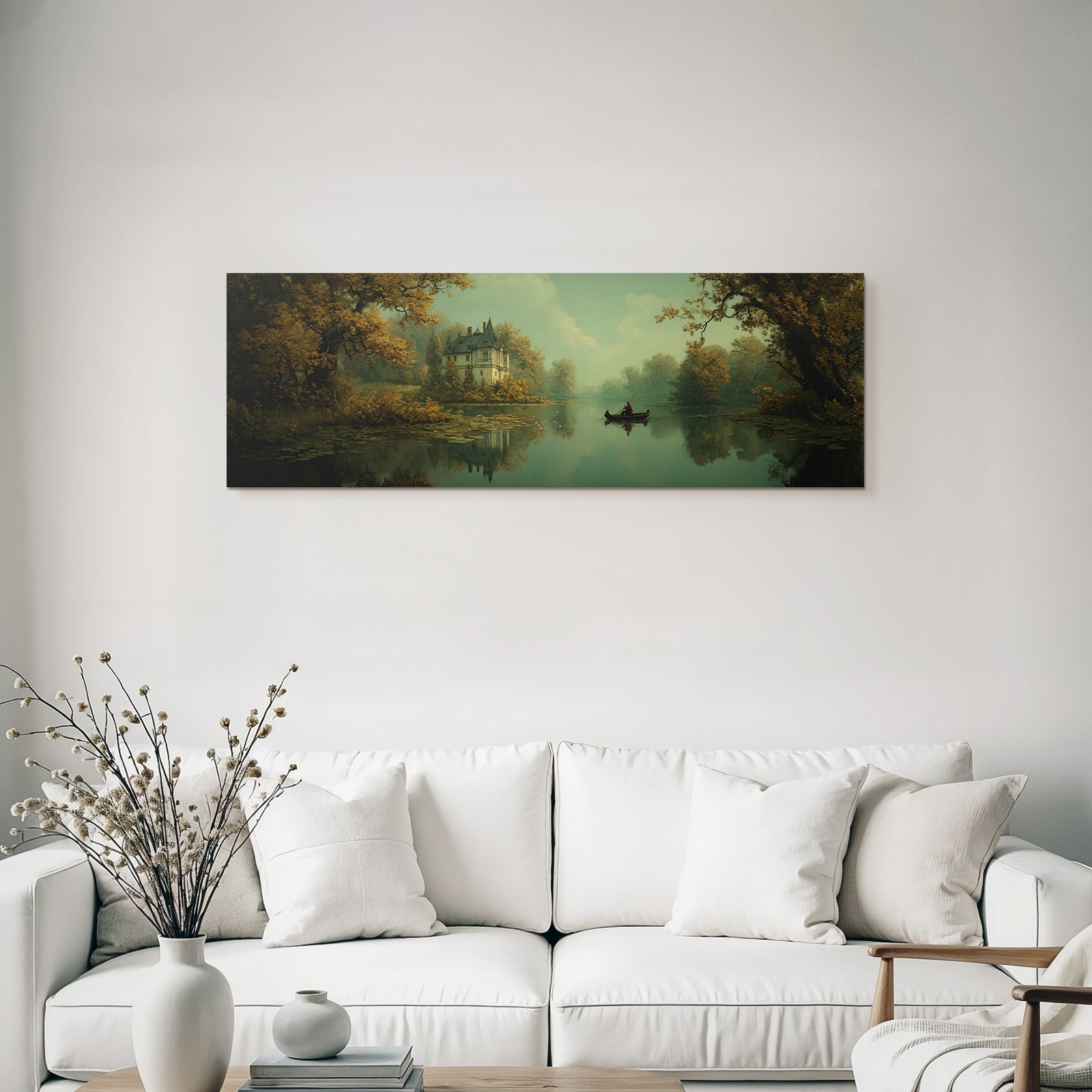 Fantastisch Surreal Herbstidylle Am Fliessenden Wasserlauf Mit Ruderboot Und Villa