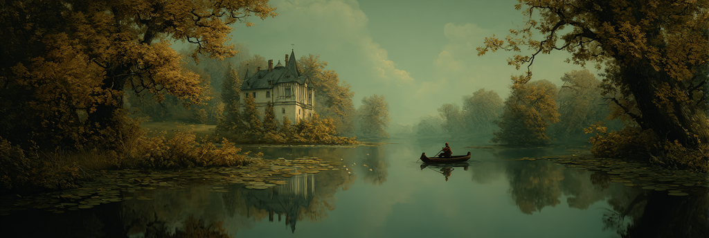 Fantastisch Surreal Herbstidylle Am Fliessenden Wasserlauf Mit Ruderboot Und Villa | Fantastisch und Surreal | Stilrichtungen
