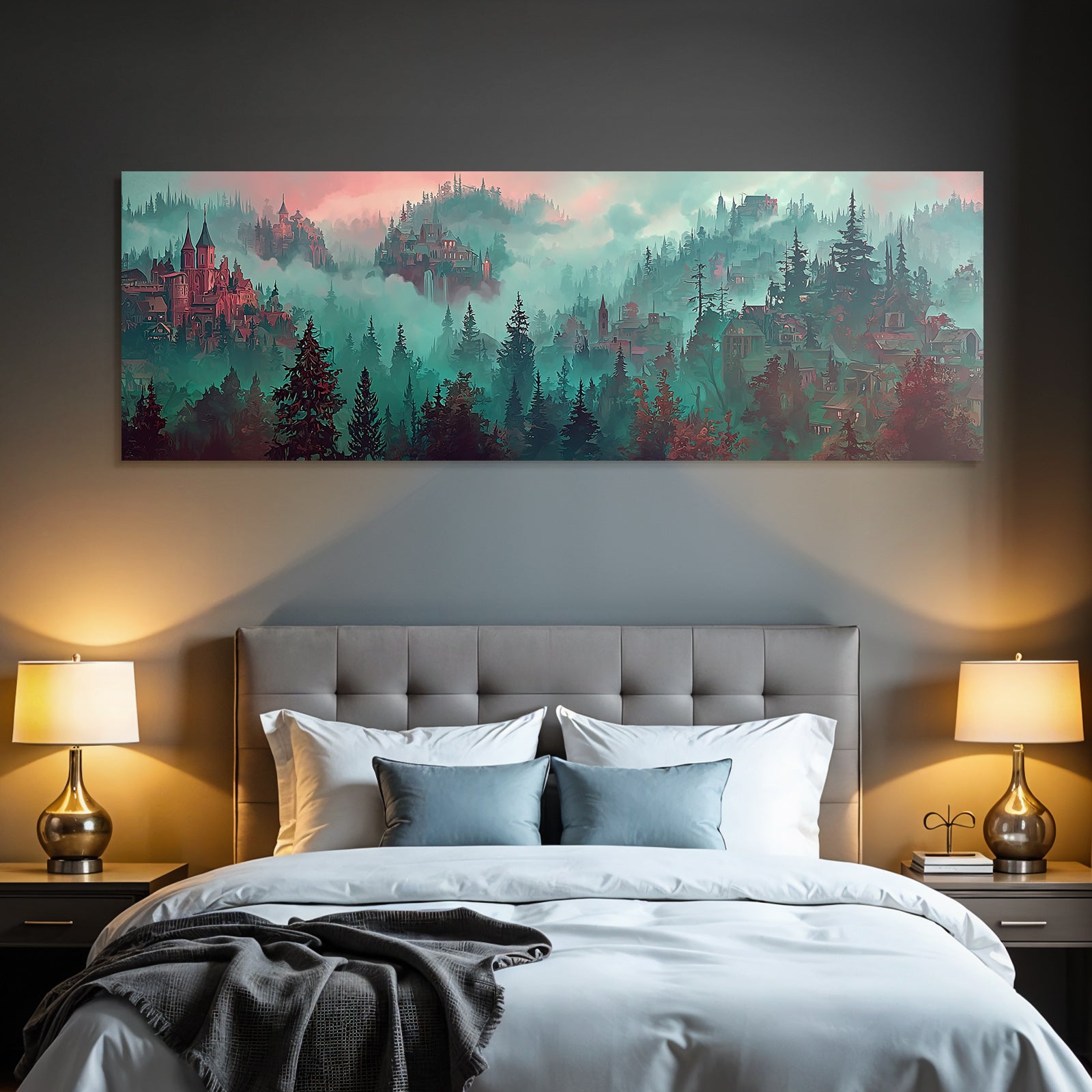 Fantastisch Surreal Mystische Nebelwaldlandschaft Mit Fantastischen Türmen