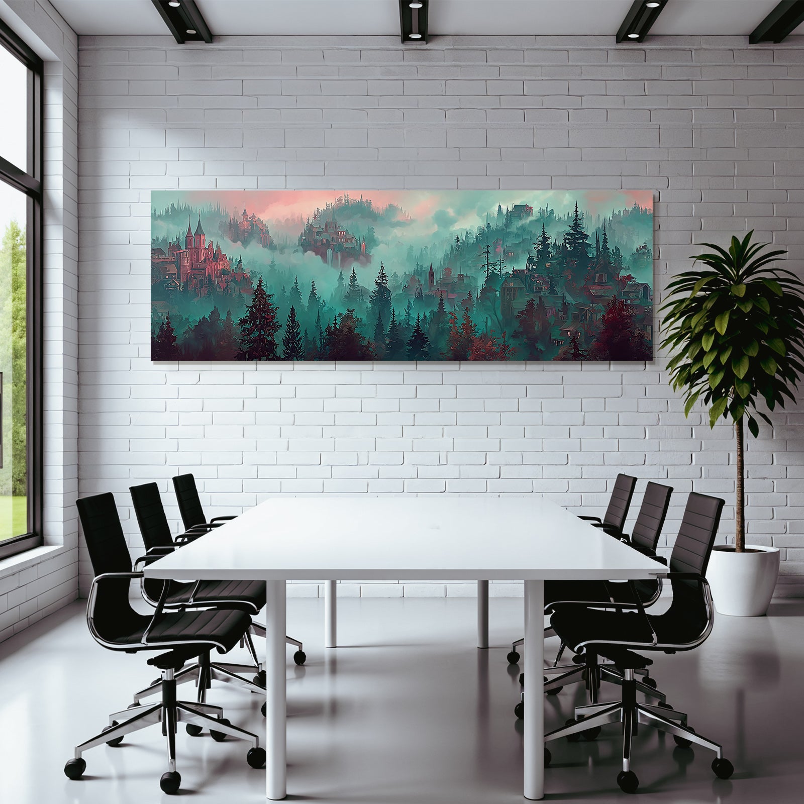 Fantastisch Surreal Mystische Nebelwaldlandschaft Mit Fantastischen Türmen
