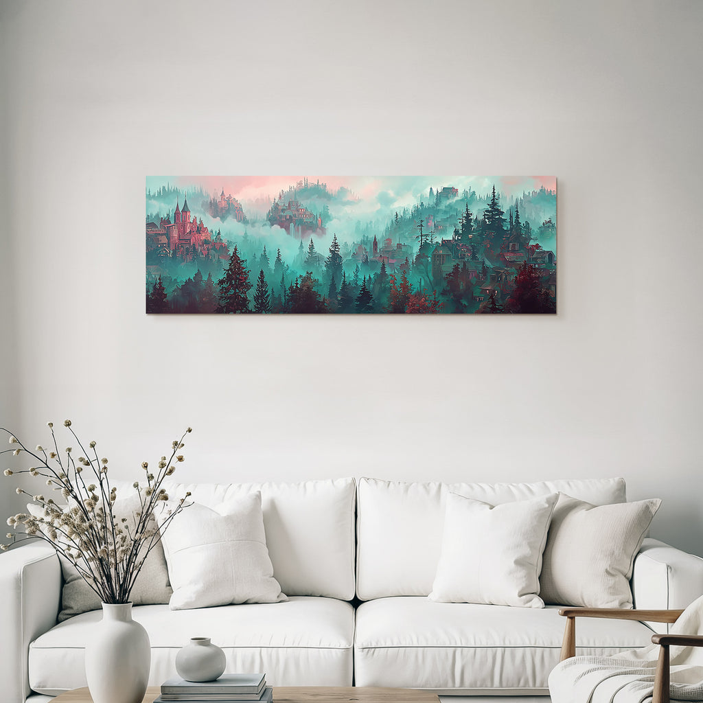 Fantastisch Surreal Mystische Nebelwaldlandschaft Mit Fantastischen Türmen