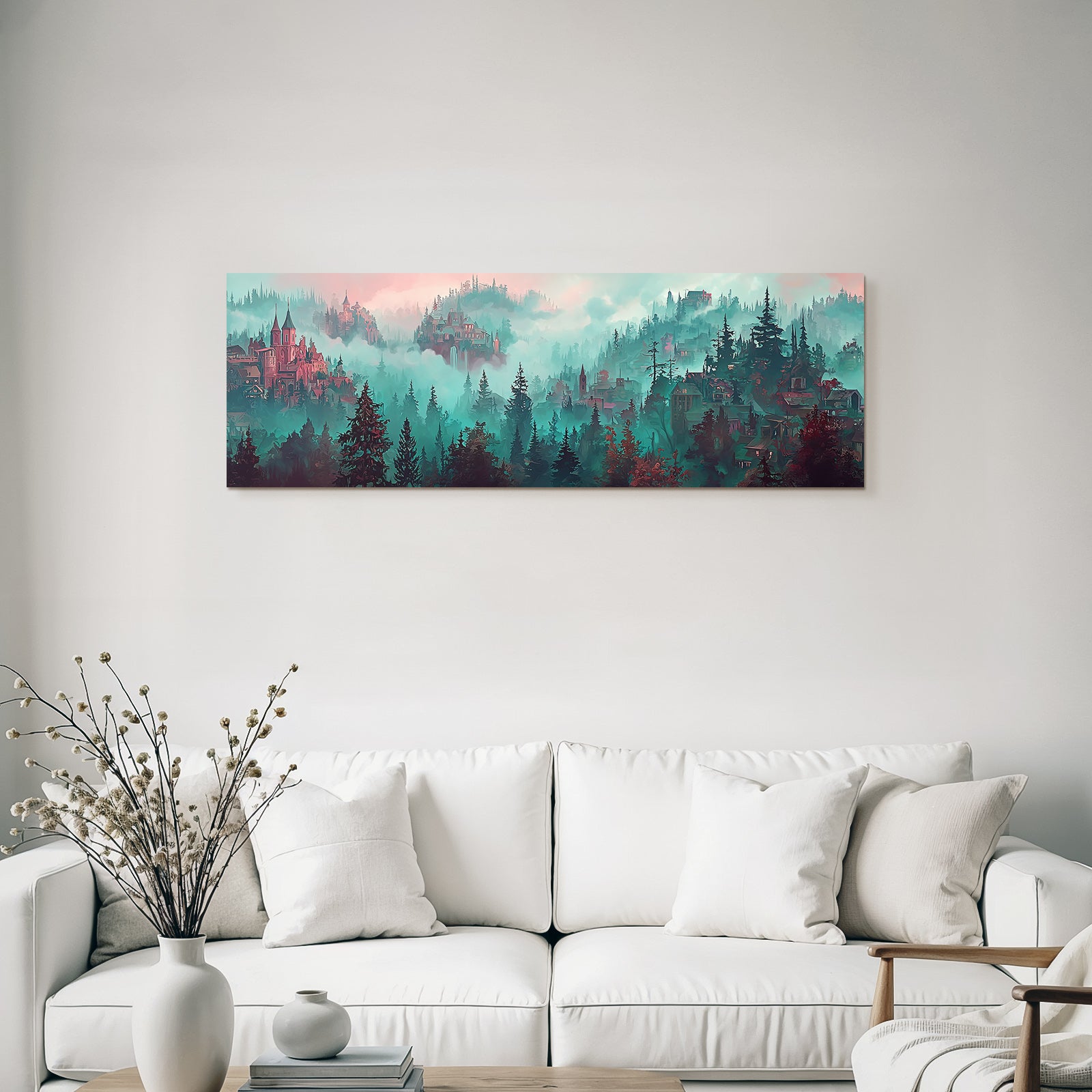 Fantastisch Surreal Mystische Nebelwaldlandschaft Mit Fantastischen Türmen