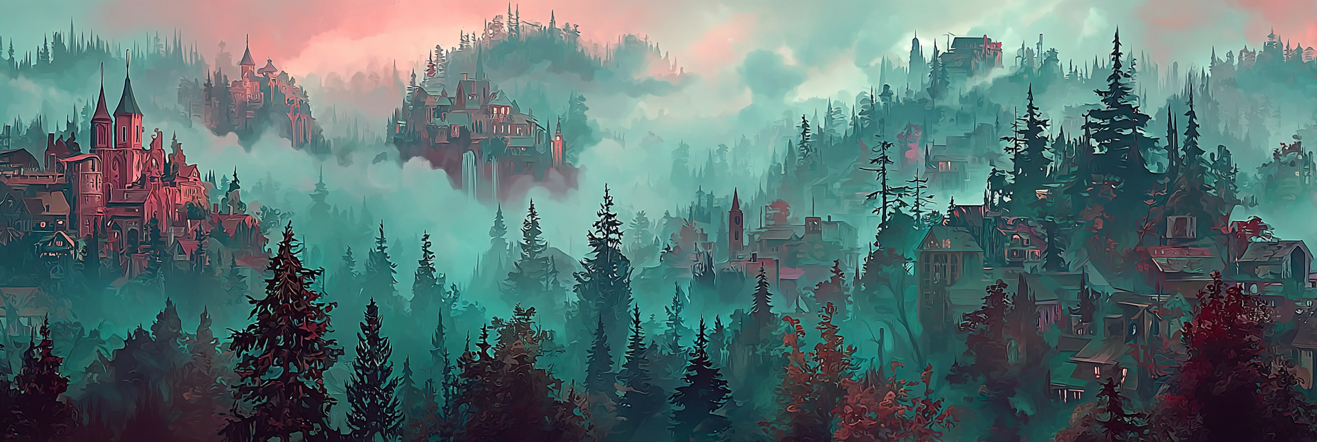 Fantastisch Surreal Mystische Nebelwaldlandschaft Mit Fantastischen Türmen | Fantastisch und Surreal | Stilrichtungen