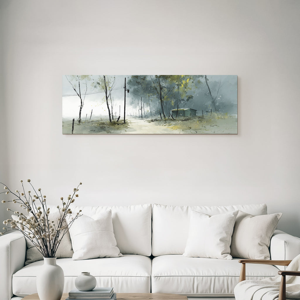 Fantastisch Surreal Nebelige Landschaft Mit Waldweg Strommästen Und Schuppen