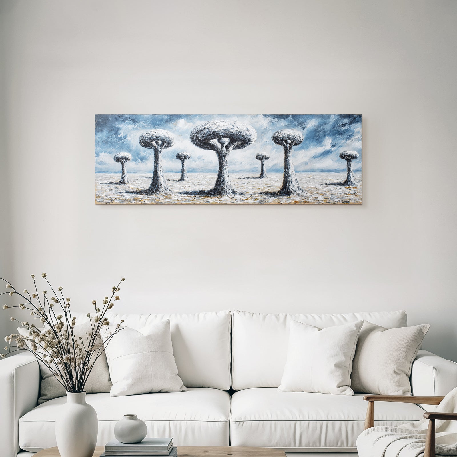 Fantastisch Surreal Surreale Baeume Mit Wolkendach In Trister Landschaft