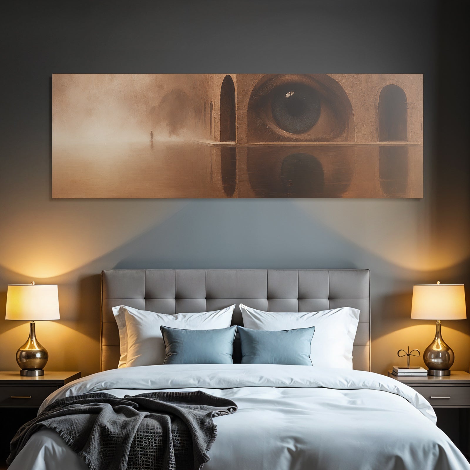 Fantastisch Surreal Surreale Landschaft Mit Riesigem Auge Und Nebliger Spiegelung