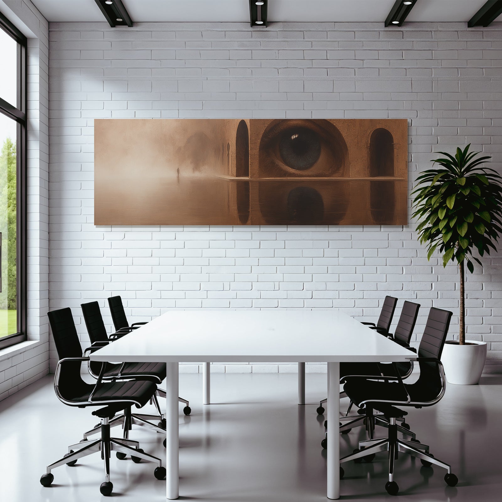 Fantastisch Surreal Surreale Landschaft Mit Riesigem Auge Und Nebliger Spiegelung