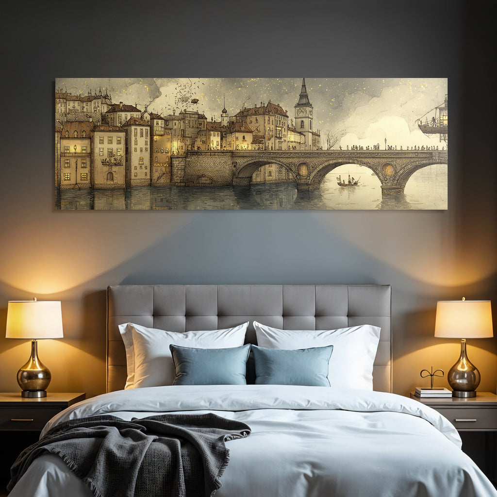 Fantastisch Surreal Traumhafte Stadtansicht Im Steampunk Stil Mit Brücke Und Booten