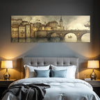Fantastisch Surreal Traumhafte Stadtansicht Im Steampunk Stil Mit Brücke Und Booten