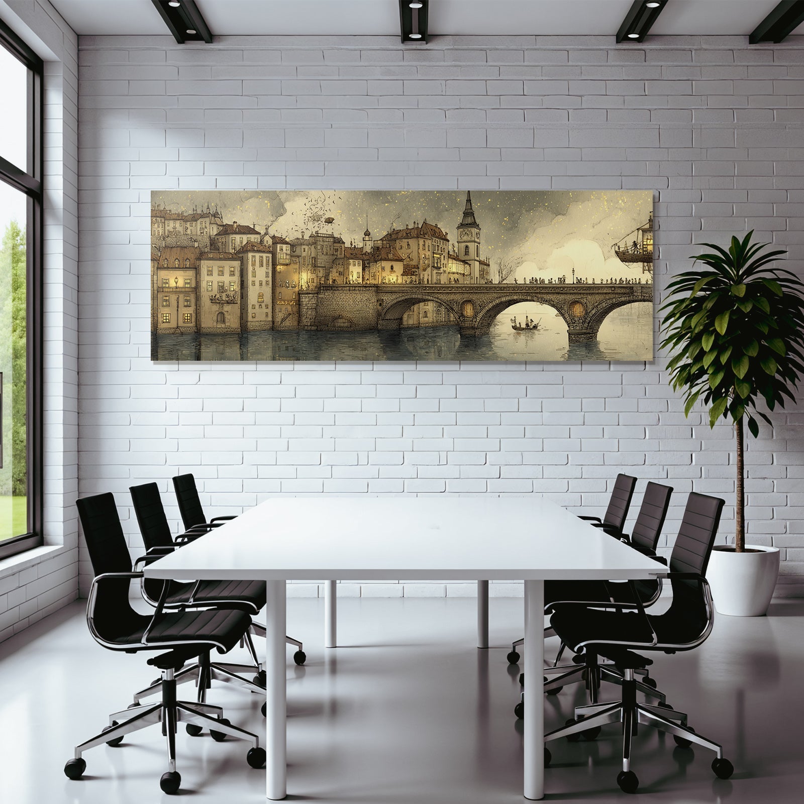 Fantastisch Surreal Traumhafte Stadtansicht Im Steampunk Stil Mit Brücke Und Booten