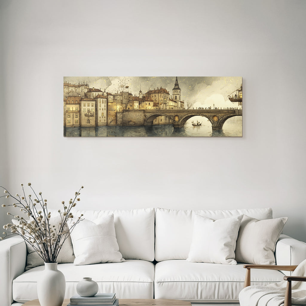 Fantastisch Surreal Traumhafte Stadtansicht Im Steampunk Stil Mit Brücke Und Booten