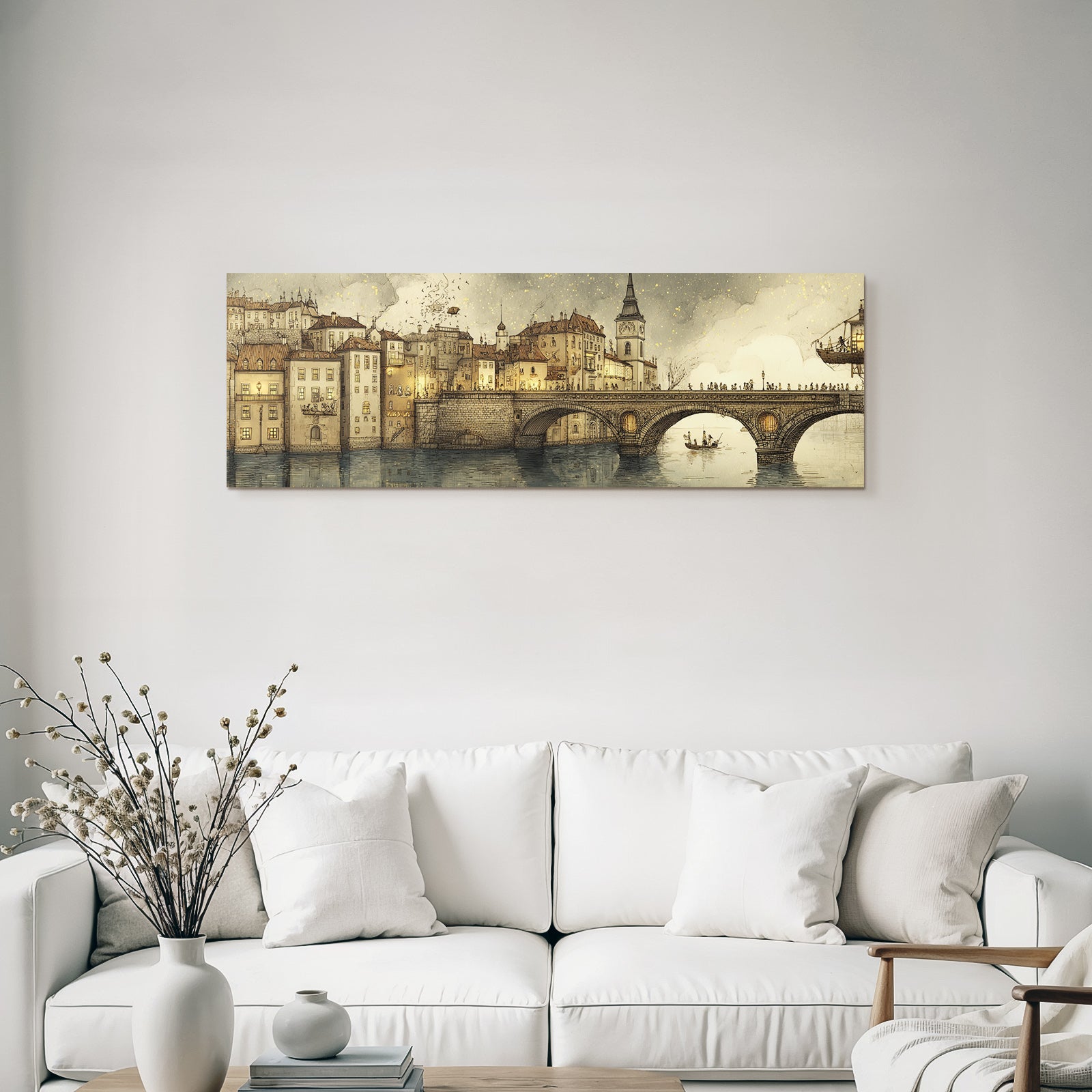 Fantastisch Surreal Traumhafte Stadtansicht Im Steampunk Stil Mit Brücke Und Booten