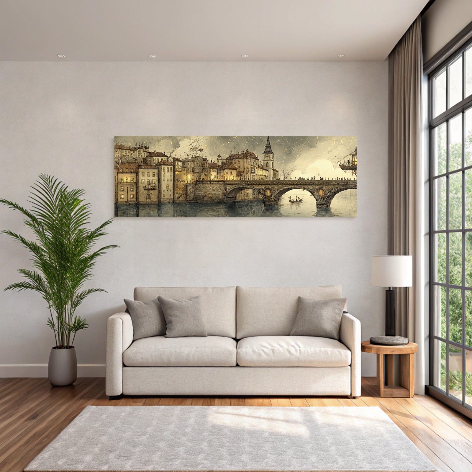 Fantastisch Surreal Traumhafte Stadtansicht Im Steampunk Stil Mit Brücke Und Booten