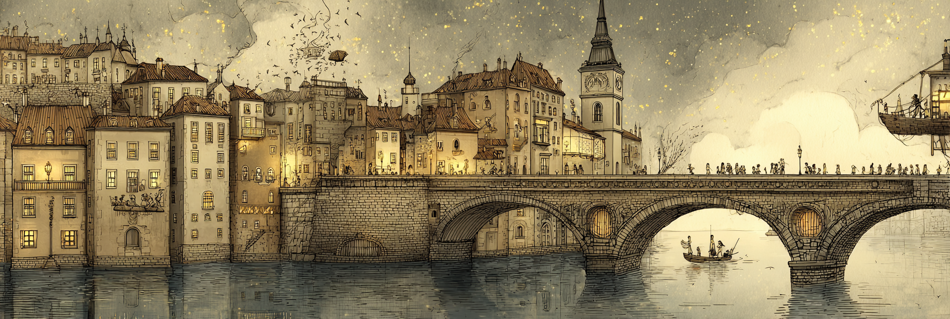 Fantastisch Surreal Traumhafte Stadtansicht Im Steampunk Stil Mit Brücke Und Booten | Fantastisch und Surreal | Stilrichtungen