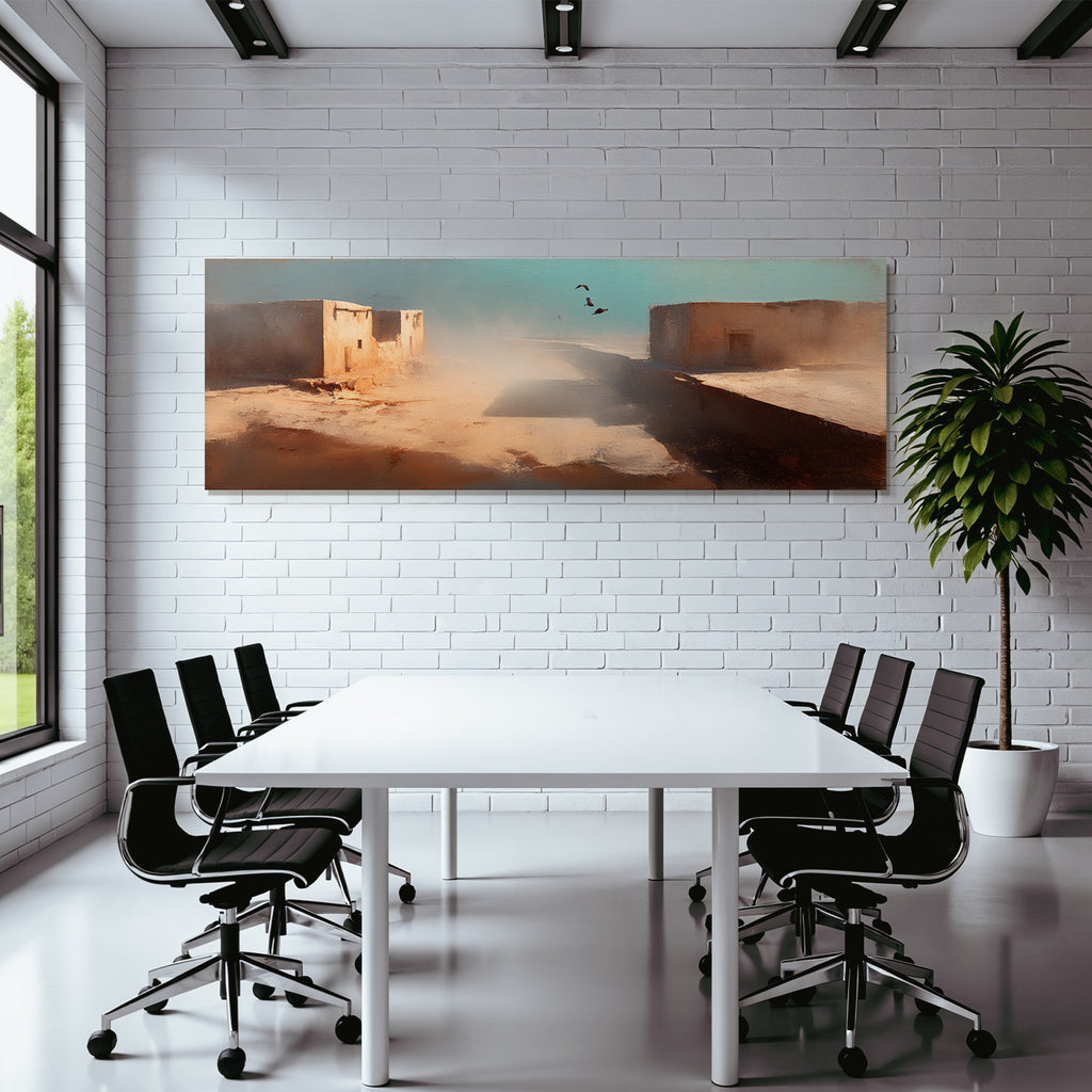 Fantastisch Surreal Verlassene Gebaeude In Trockenlandschaft Mit Vögeln