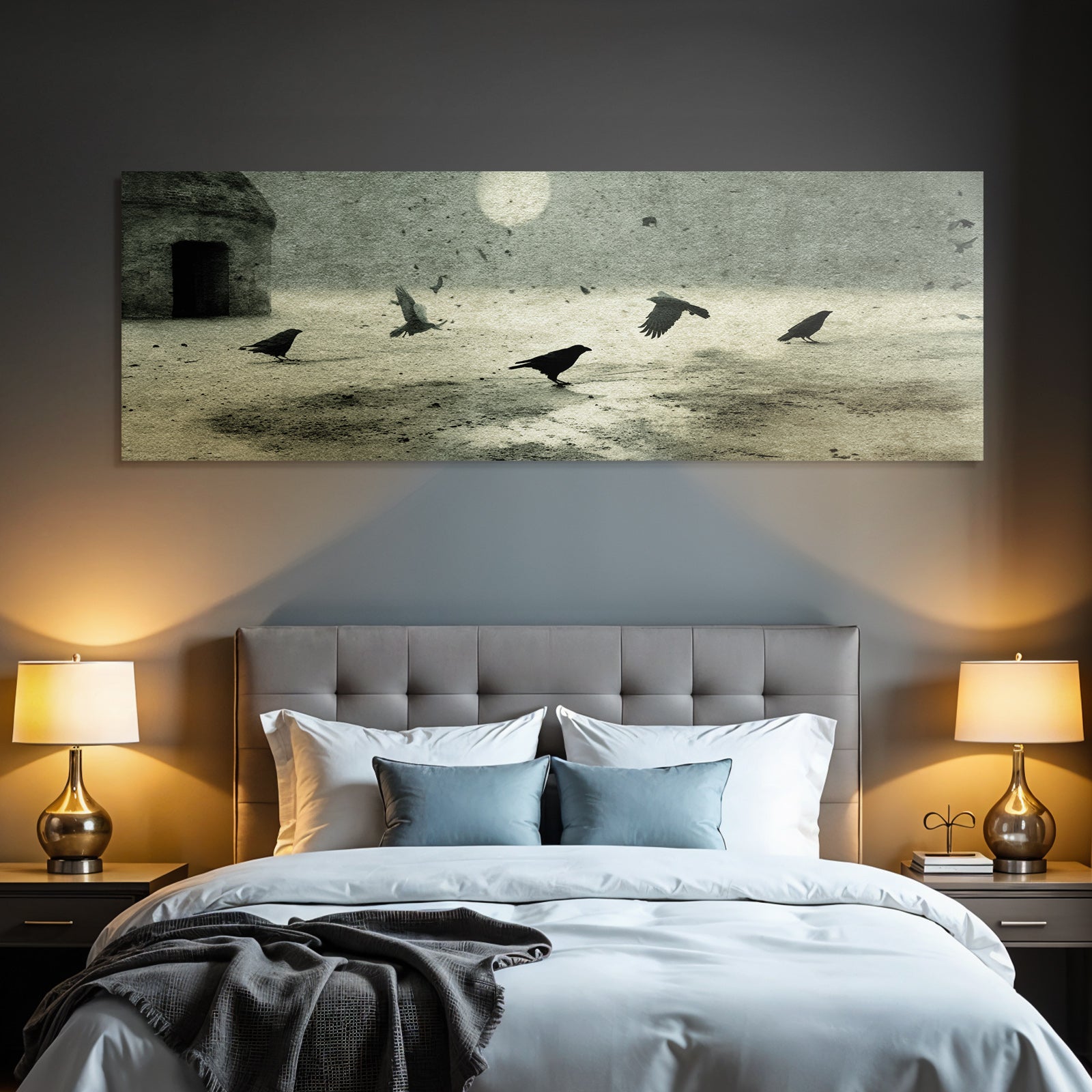 Fantastisch Surreal Verlassenes Haus Mit Offener Tür Und Krähen