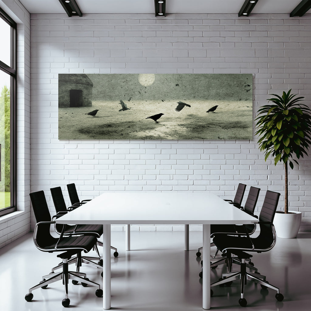 Fantastisch Surreal Verlassenes Haus Mit Offener Tür Und Krähen