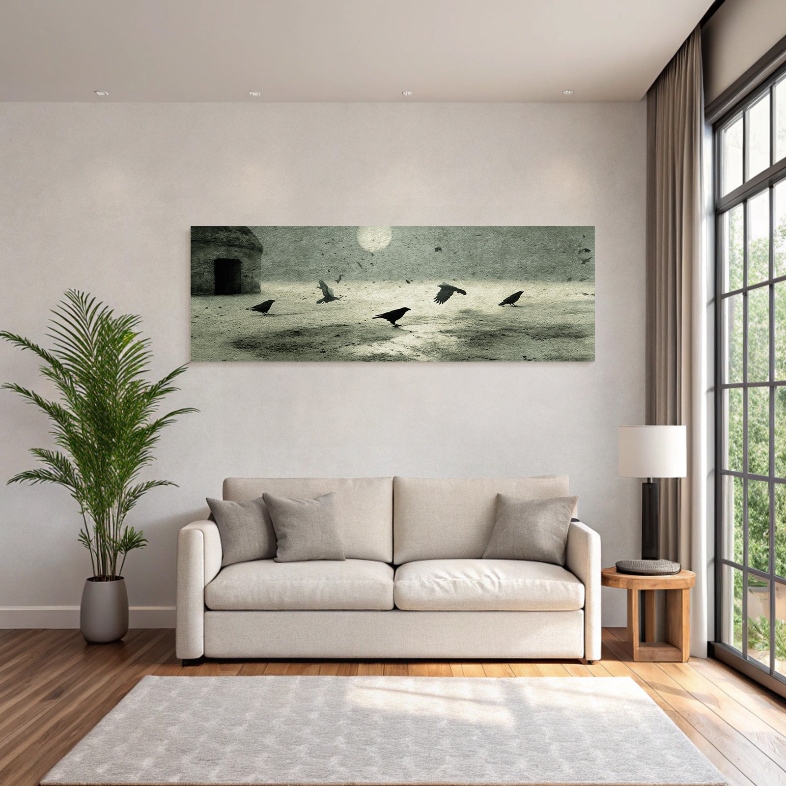 Fantastisch Surreal Verlassenes Haus Mit Offener Tür Und Krähen