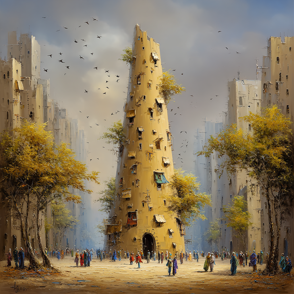 Fantastisch Surreal Futuristische Stadtszene Mit Kegelbau Und Integrierten Baeumen | Fantastisch und Surreal | Stilrichtungen