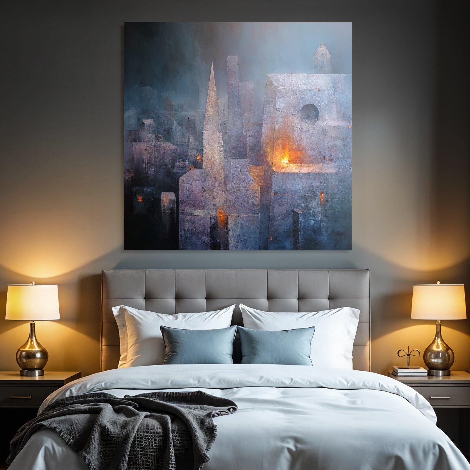 Fantastisch Surreal Mystische Stadtlandschaft In Blau Und Lila Mit Warmem Licht