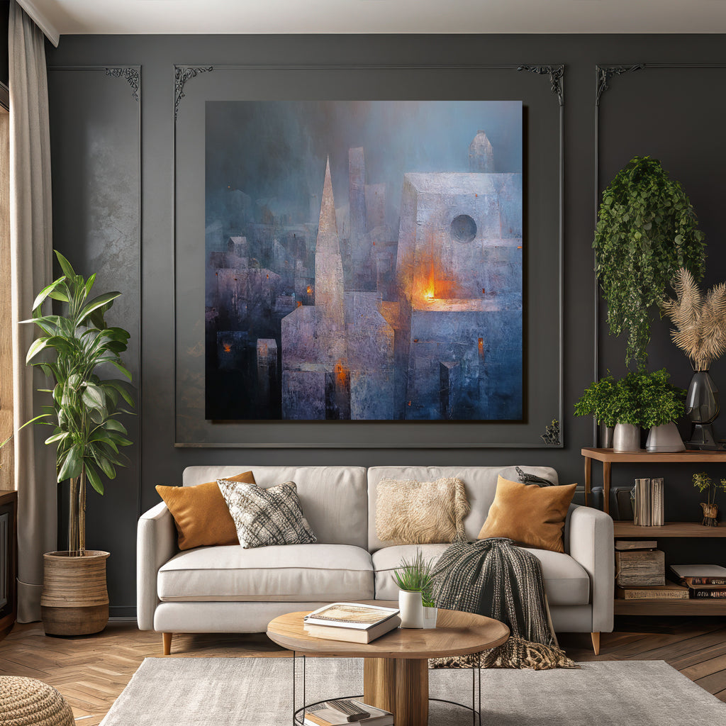 Fantastisch Surreal Mystische Stadtlandschaft In Blau Und Lila Mit Warmem Licht