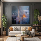 Fantastisch Surreal Mystische Stadtlandschaft In Blau Und Lila Mit Warmem Licht
