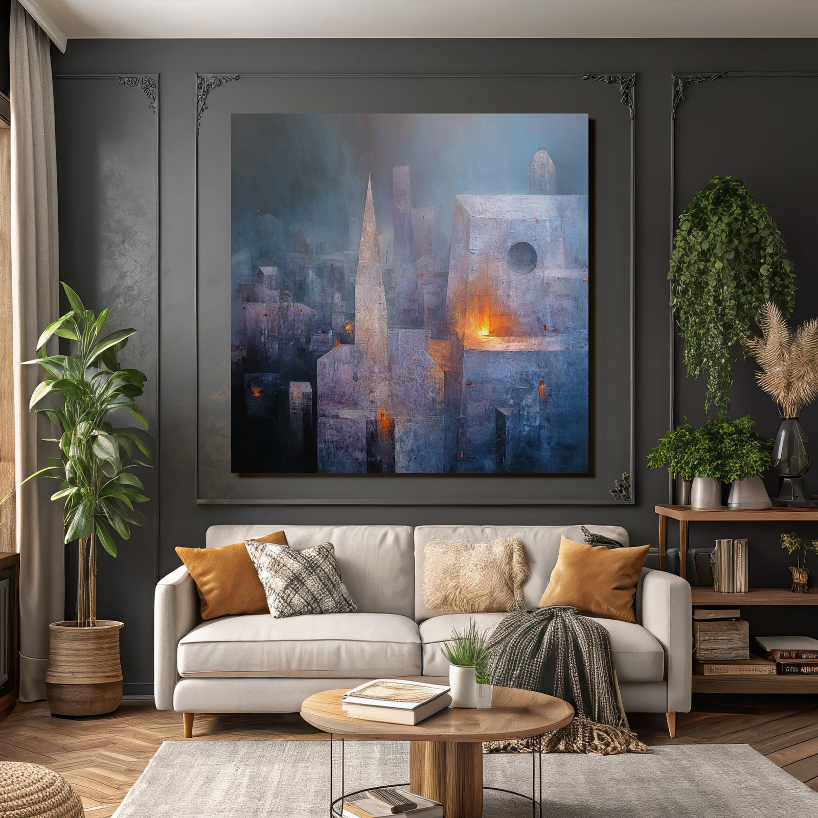 Fantastisch Surreal Mystische Stadtlandschaft In Blau Und Lila Mit Warmem Licht