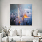 Fantastisch Surreal Mystische Stadtlandschaft In Blau Und Lila Mit Warmem Licht