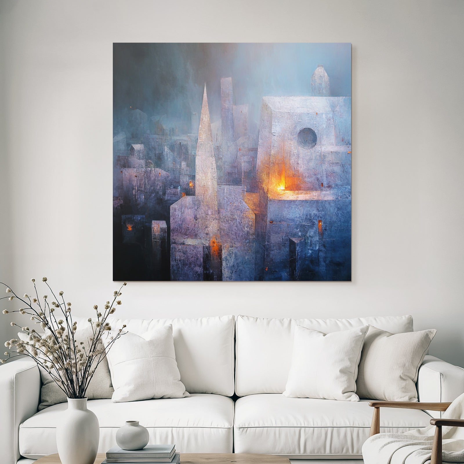 Fantastisch Surreal Mystische Stadtlandschaft In Blau Und Lila Mit Warmem Licht