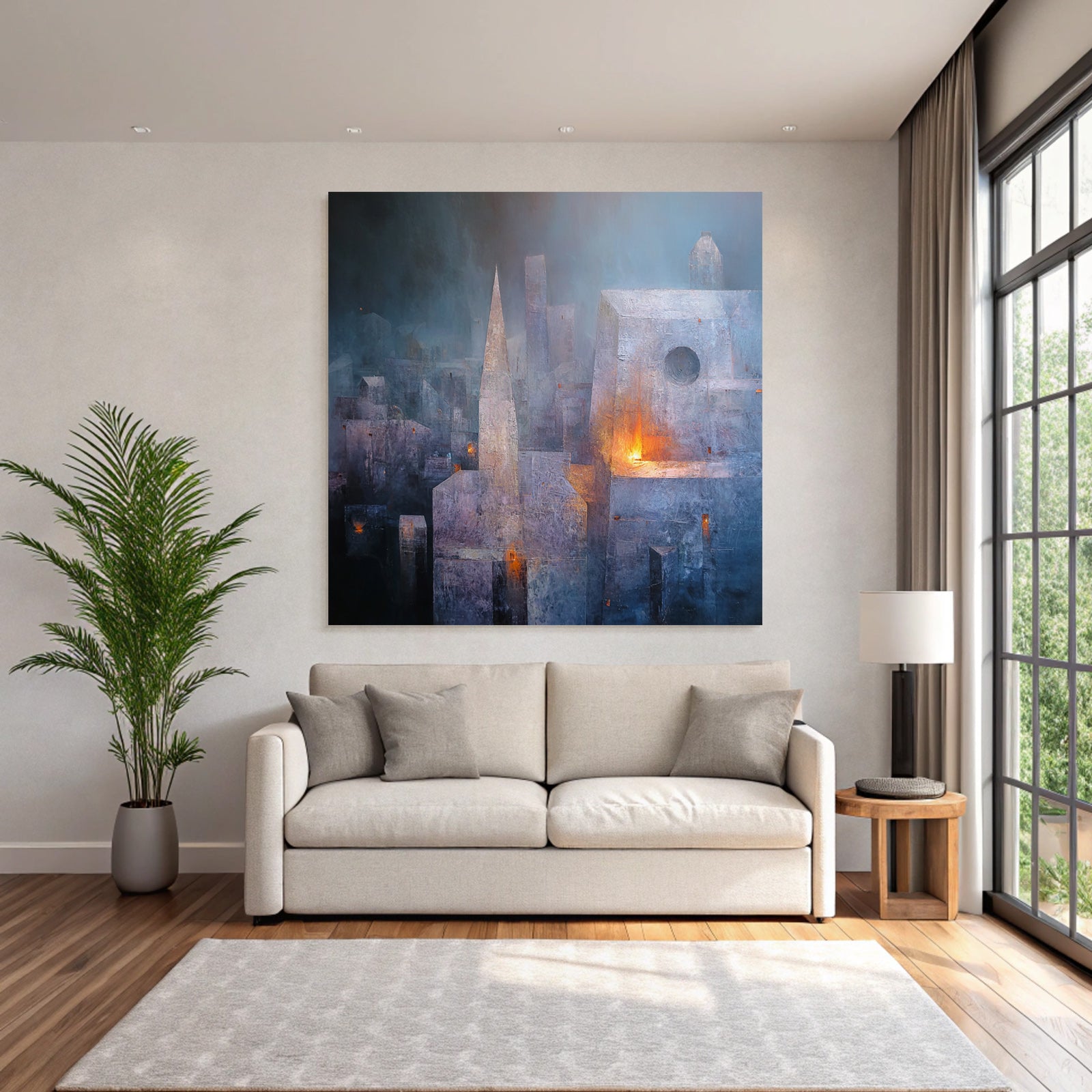 Fantastisch Surreal Mystische Stadtlandschaft In Blau Und Lila Mit Warmem Licht