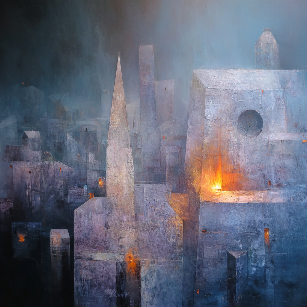Fantastisch Surreal Mystische Stadtlandschaft In Blau Und Lila Mit Warmem Licht | Fantastisch und Surreal | Stilrichtungen