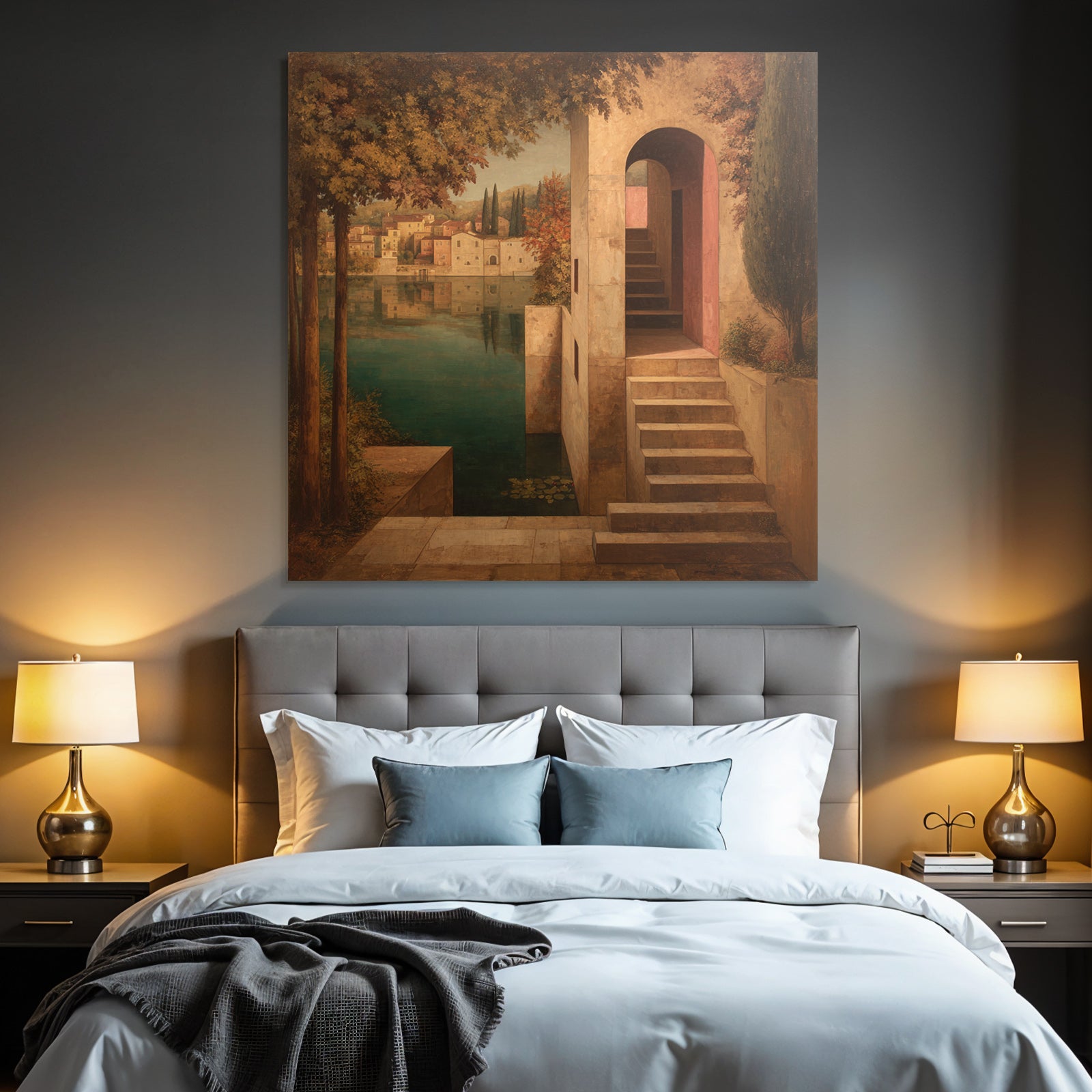 Fantastisch Surreal Ruhige Landschaft Mit Architektur Am Wasser
