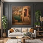 Fantastisch Surreal Ruhige Landschaft Mit Architektur Am Wasser