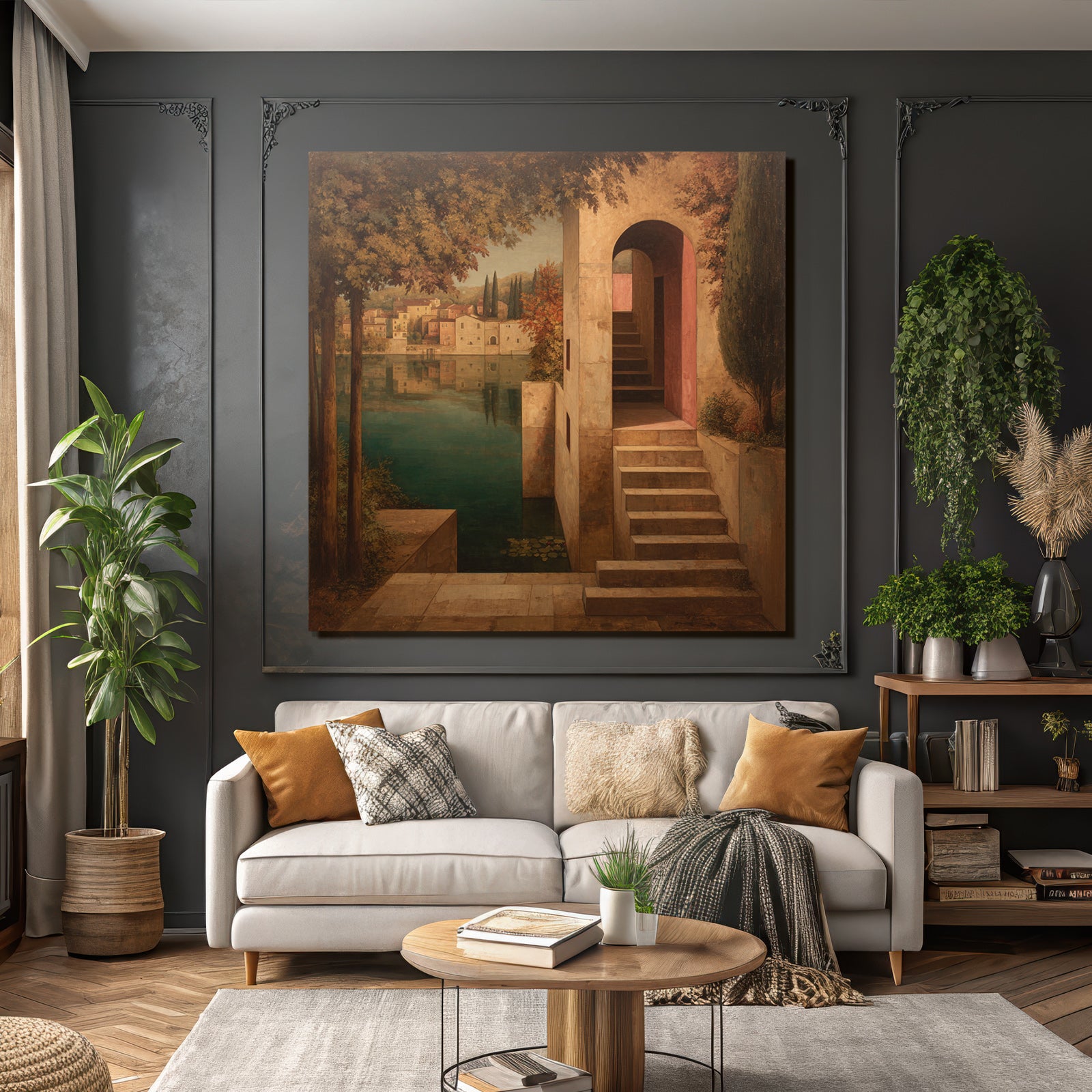 Fantastisch Surreal Ruhige Landschaft Mit Architektur Am Wasser